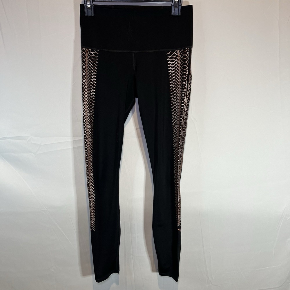 Puma Women's Small Black Gold Athletic Ankle Leggings‎ Yoga Pants Jogging